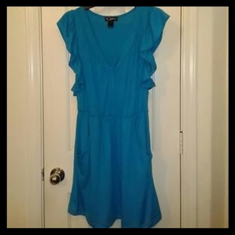 NEW Delirious Teal dress, V Neck, Ruffled Sleeves.